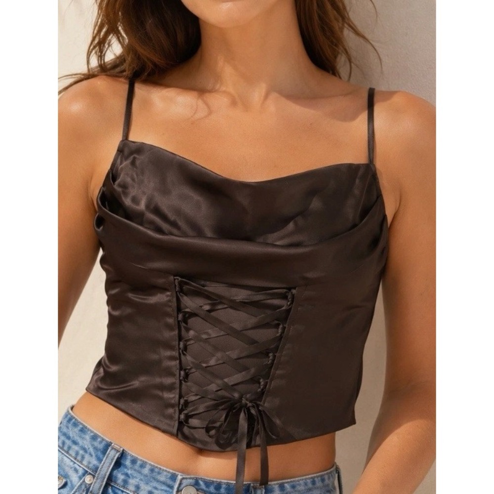 Urban Outfitters Silence + Noise Brown Satin Lace Up Cowl Neck Corset Top Medium